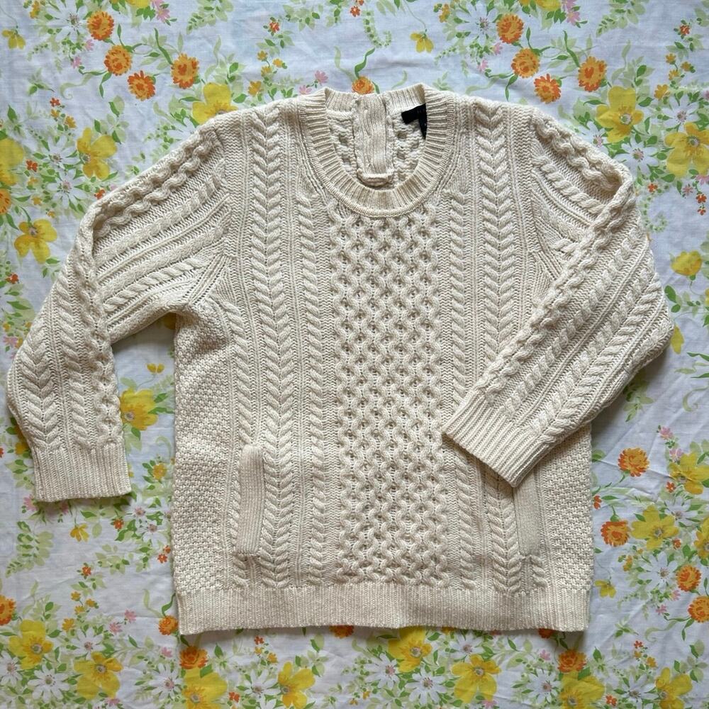 J.Crew 100% wool cream white cable knit fisherman pullover sweater with pockets